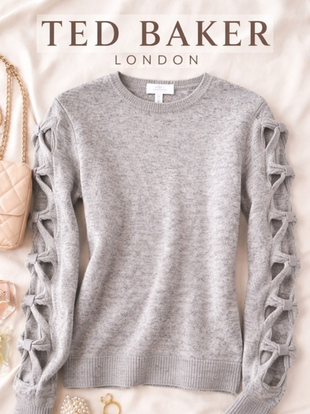 Ted Baker London Gray Bow Sleeve Sweater Size 2 US Small Knit Top